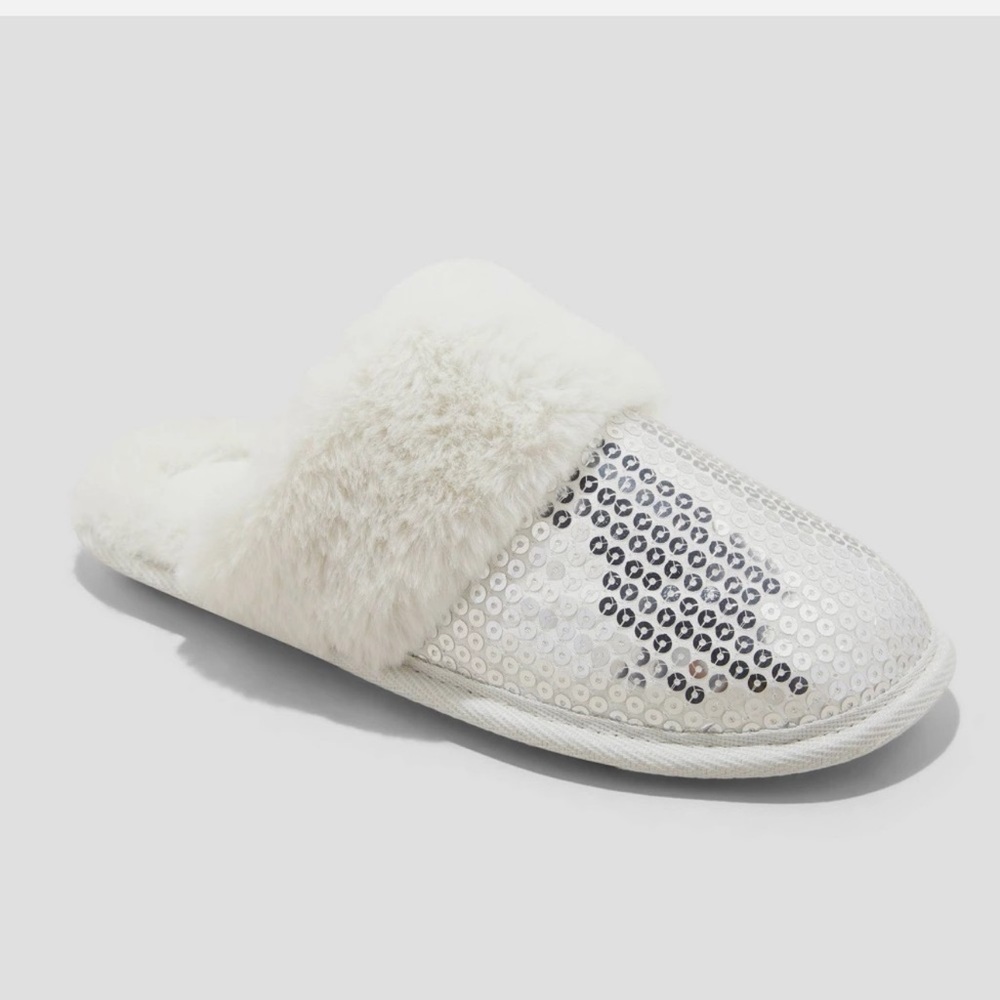 Womens Auden Rae Silver Sequin Scuff Slippers IndoorOutdoor Faux Fur Lined 11/12